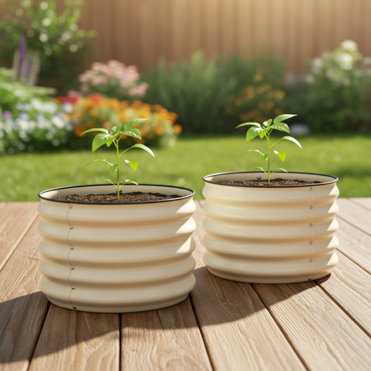 Two pearl white 17 inch tall garden beds with young pepper plants growing in a backyard