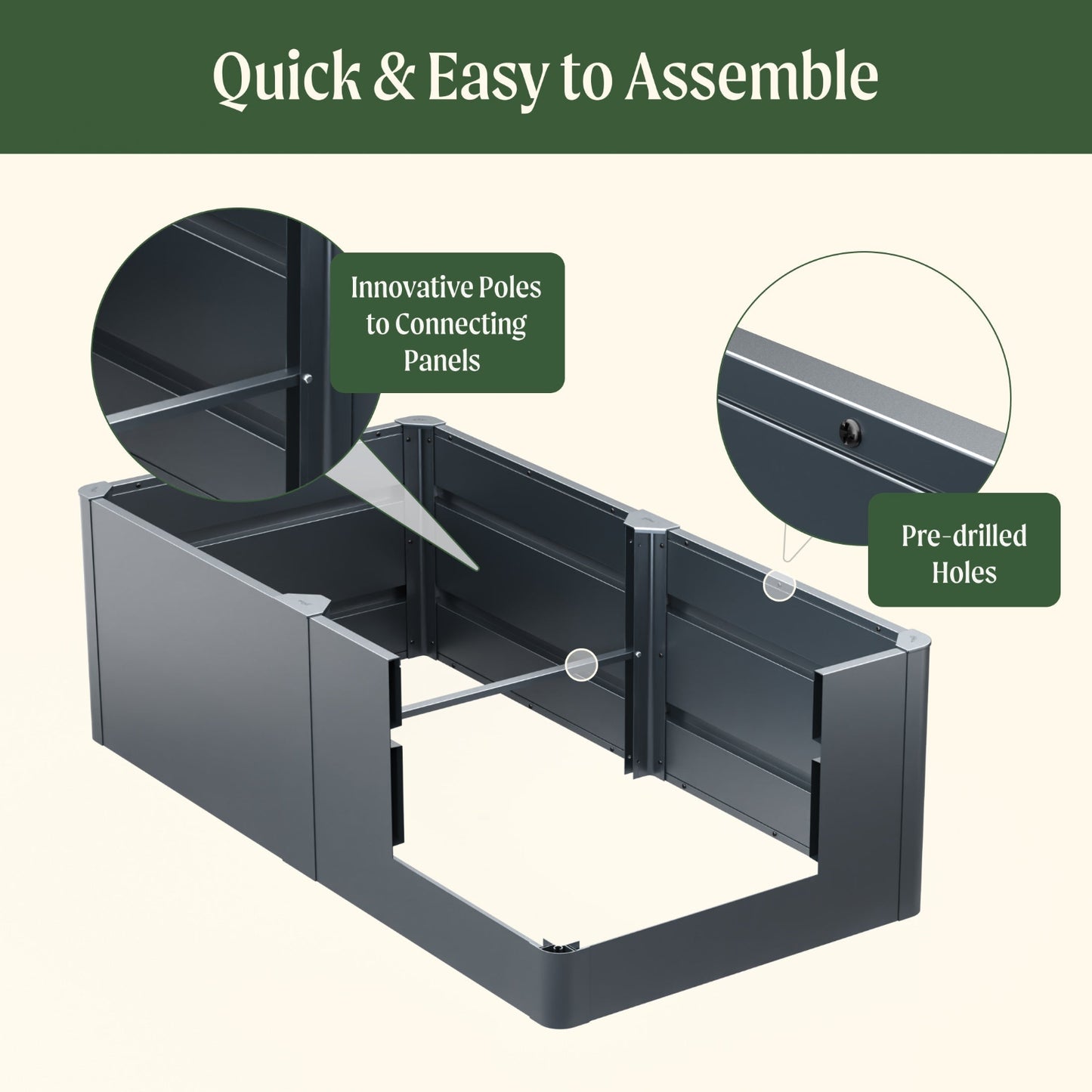 Modern raised garden bed product assembly diagram with text indicating quick and easy assembly, innovative poles, and pre-drilled holes, which all L-shaped models also include.