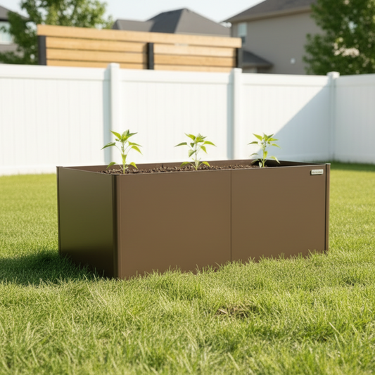 Umber Brown tall modern raised garden bed in a backyard with three pepper plants growing ahead of a white fence.