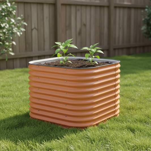 Terra cotta raised garden bed with young pepper plants in a backyard