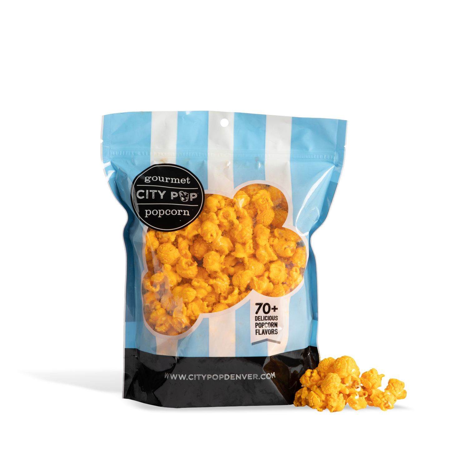 Bag of City Pop Cajun popcorn with visible branding on a white background