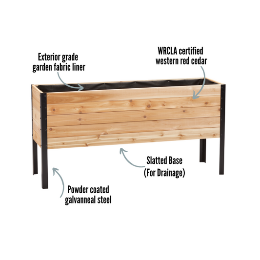 Cedar Planter 18x60 inch raised garden bed 30 inches tall highlighting exterior grade fabric liner, WRCLA certified Western Red Cedar, powder coated galvanneal steel, and slatted base for drainage