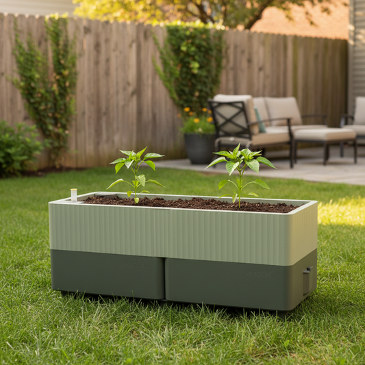 EZCube Self-Watering Planter – 21″ x 48″ with young pepper plants in a backyard