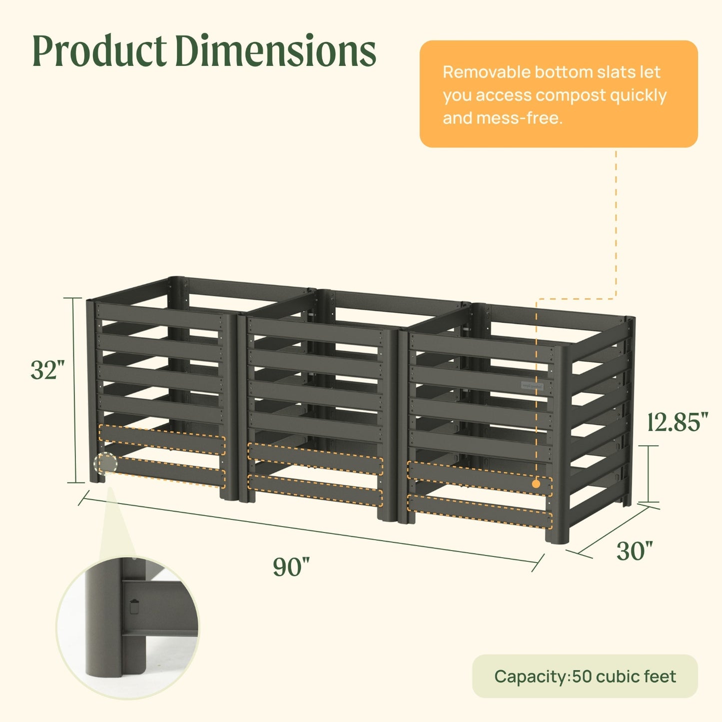 Modular compost bin with dimensions for three bin configuration labeled on a white background.
Dimensions: 32"tall, 90" long by 30" wide, with a 12.85" section with removable flats at the bottom.
Bin capacity is defined as 50 cubic feet.