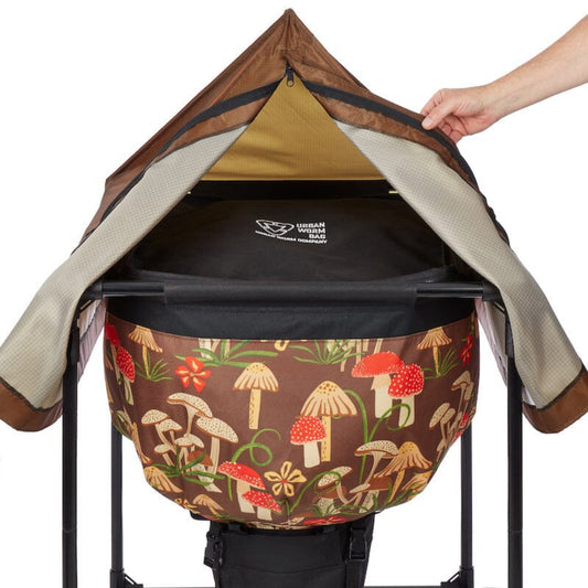 Urban Worm Bag Weather Cover with flaps open to show the Worm Bag inside on a white background.