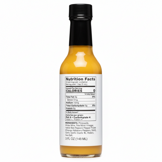 Back label of Pineapple & Habanero Hot Sauce bottle showing ingredients and nutrition facts