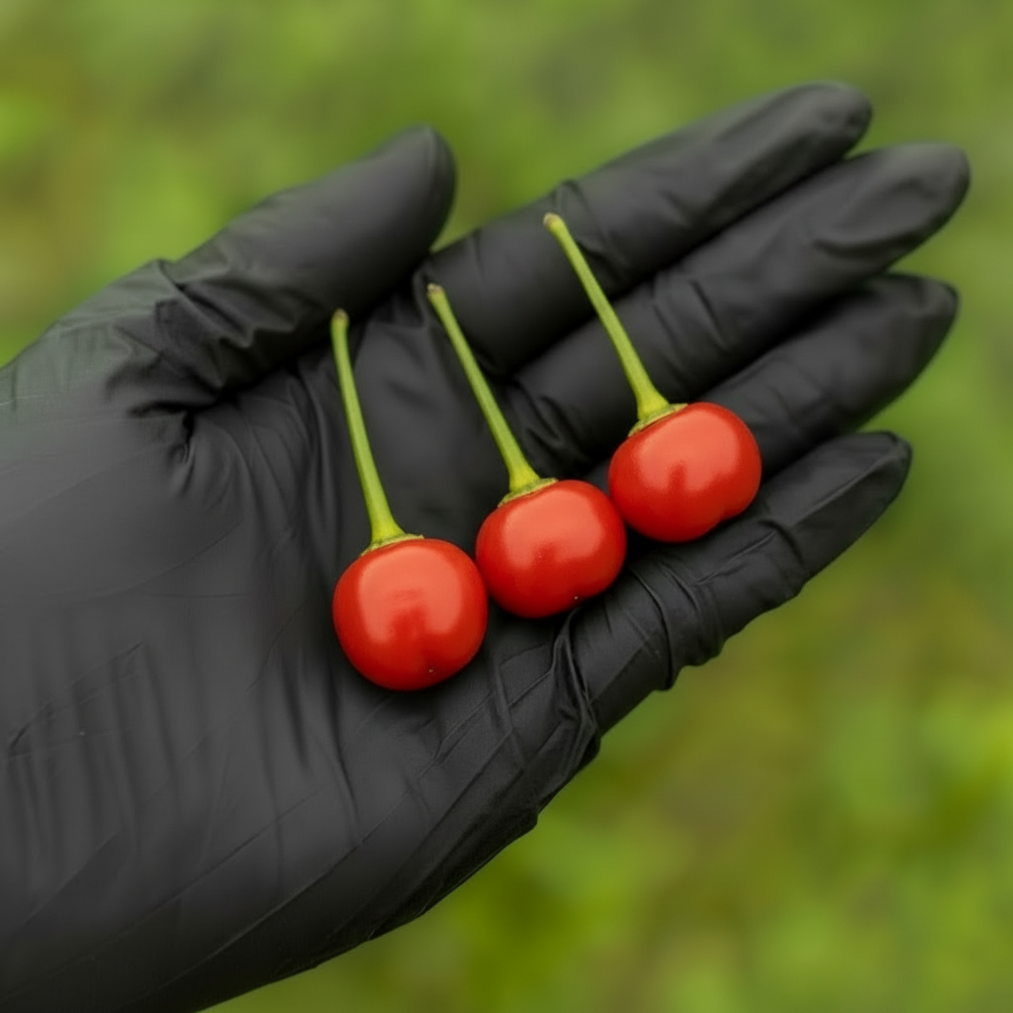 Wiri Wiri Pepper pods on a black gloved hand