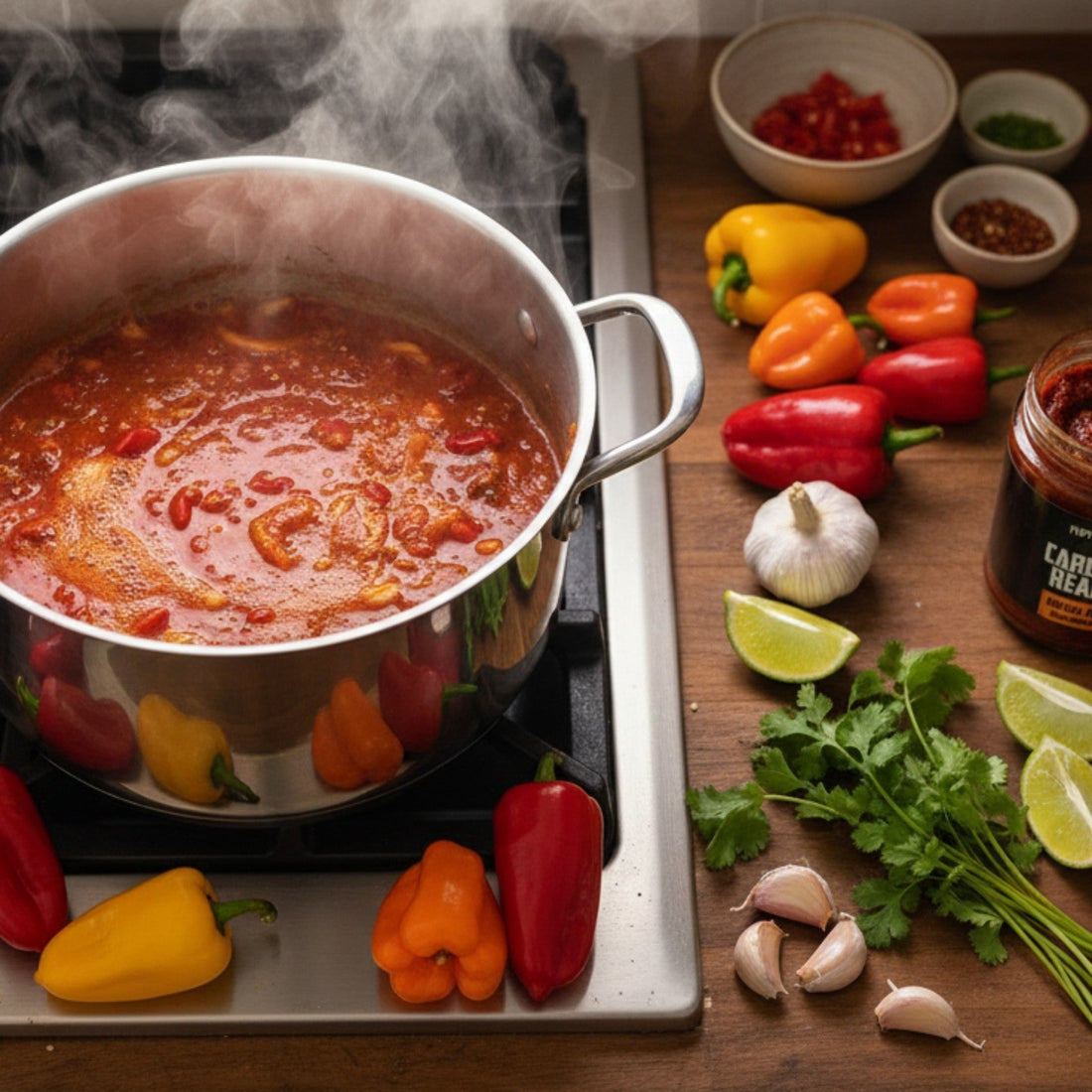 Steaming pot of homemade hot sauce on stovetop surrounded by fresh bell peppers, garlic, lime, cilantro, and Pepper Joe's Carolina Reaper mash jar