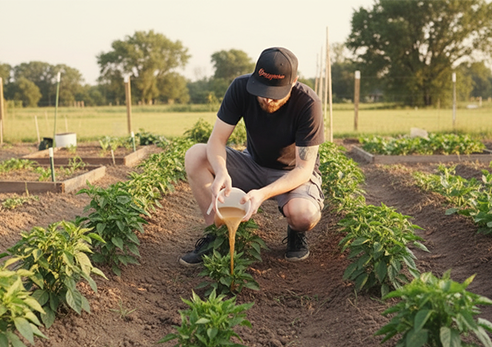 Grower adding liquid fertilizer to pepper plants.
