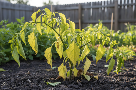 Droopy pepper plant in garden showing nutrient deficiencies.