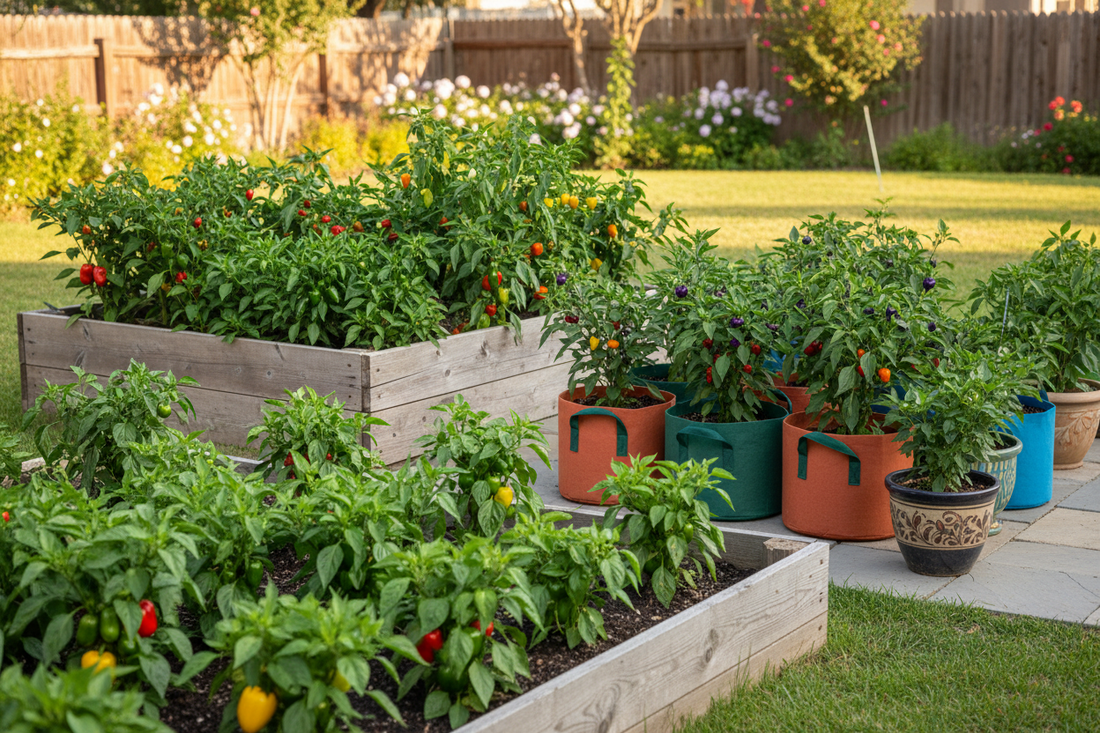Image of multiple ways to grow pepper plants shown including raised garden bed, grow bags, and pots.