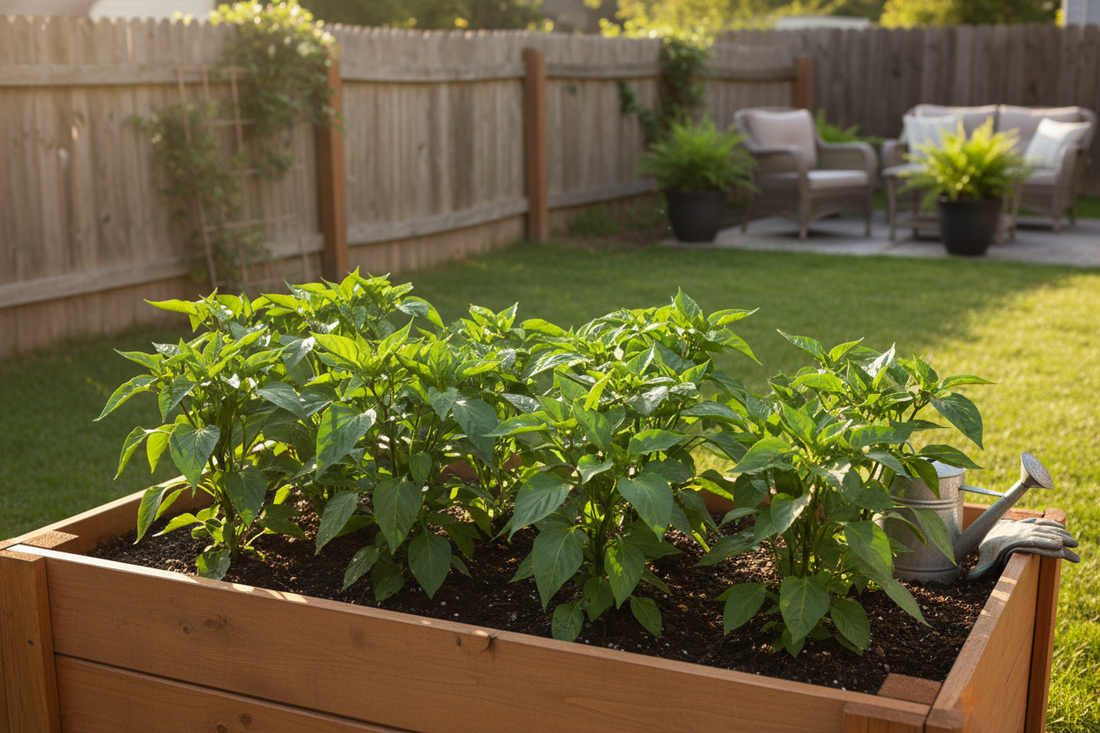 Small backyard garden in garden box.