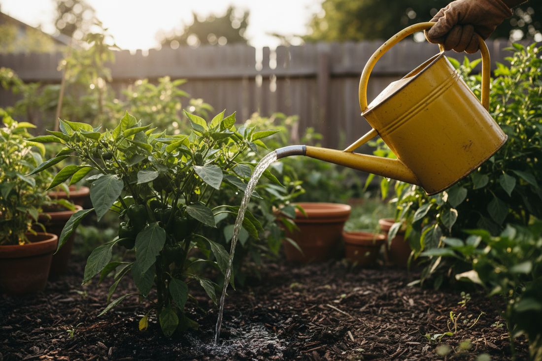 Watering can watering healthy pepper plant in garden demonstrating proper watering technique