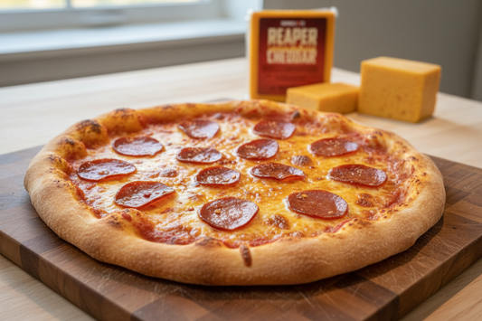 Freshly baked homemade pizza with melted Pepper Joe's Reaper Cheddar cheese and summer sausage