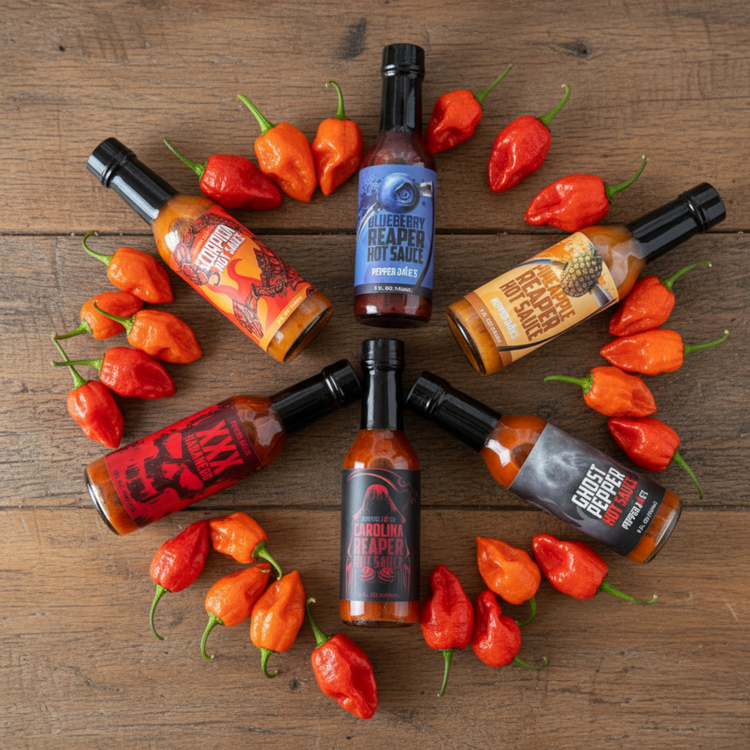 Pepper Joe's Hot Sauces & Peppers on wood table