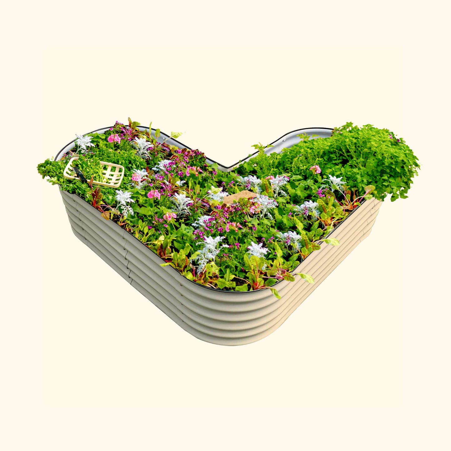 Pearl White tall modern L-shaped raised garden bed with colorful flowers and plants on a white background.
