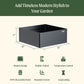 Metal garden planter with dimensions of 42 inches wide by 42 inches long by 17 inches tall and included features: modern design, double-walled, temperature control, 100% recyclable metal, rounded corners, and long lasting.