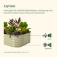 Image showing a pearl white raised garden bed with the standard and cap nuts identified on the side of the bed. Text includes food grade 304 stainless steel hardware, including cap nuts to ensure the safety of your hands, soil, and harvest.