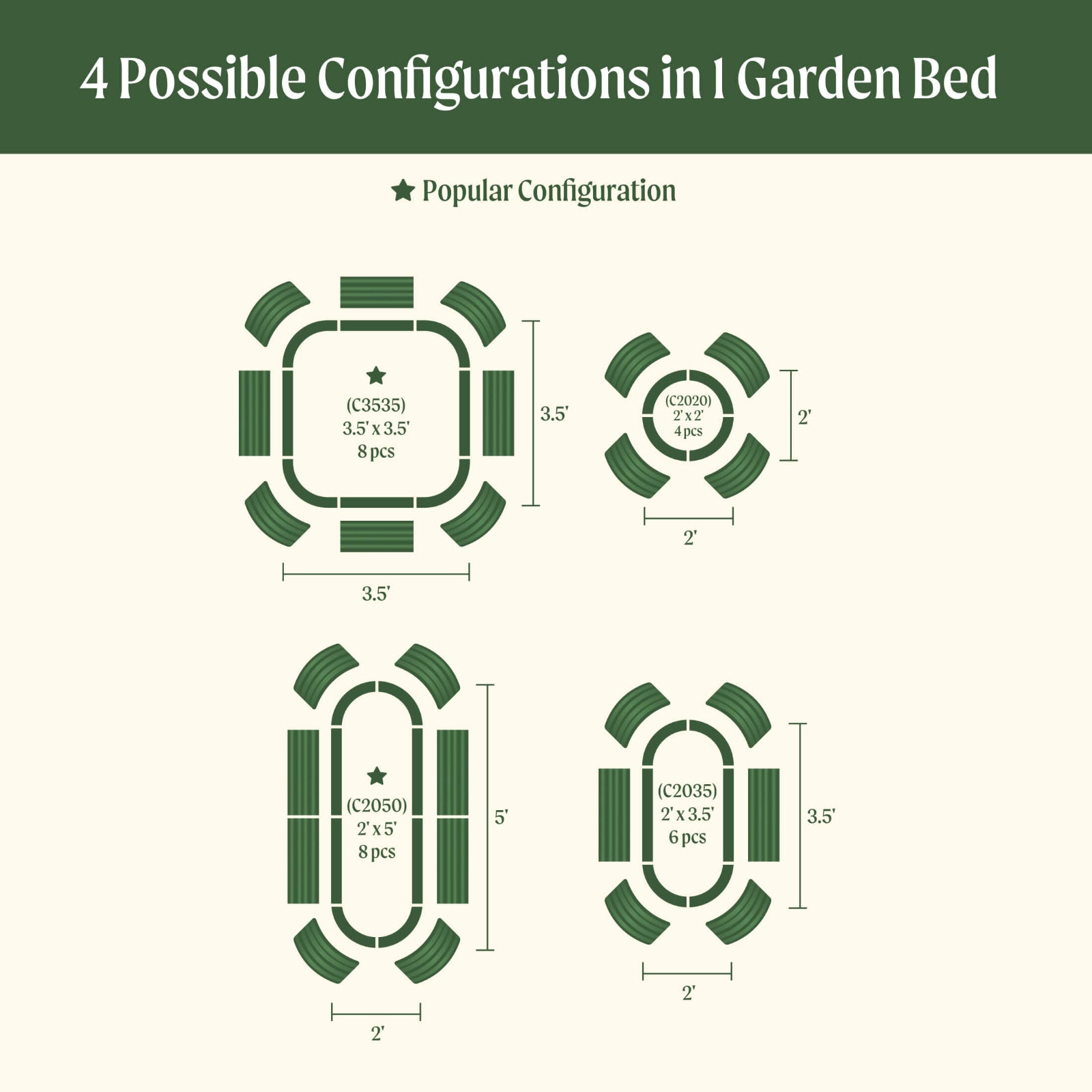 Diagram showing four possible configurations of the 4 in 1 Small Modular Metal Raised garden beds with dimensions and quantities of each item.