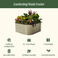 4 in 1 Small Modular Metal Raised Garden bed with text highlighting features including: 4 different configurations, 20 plus year life span, 17 inch height, recyclable metal, 40 minute assembly, and   food safe materials. 