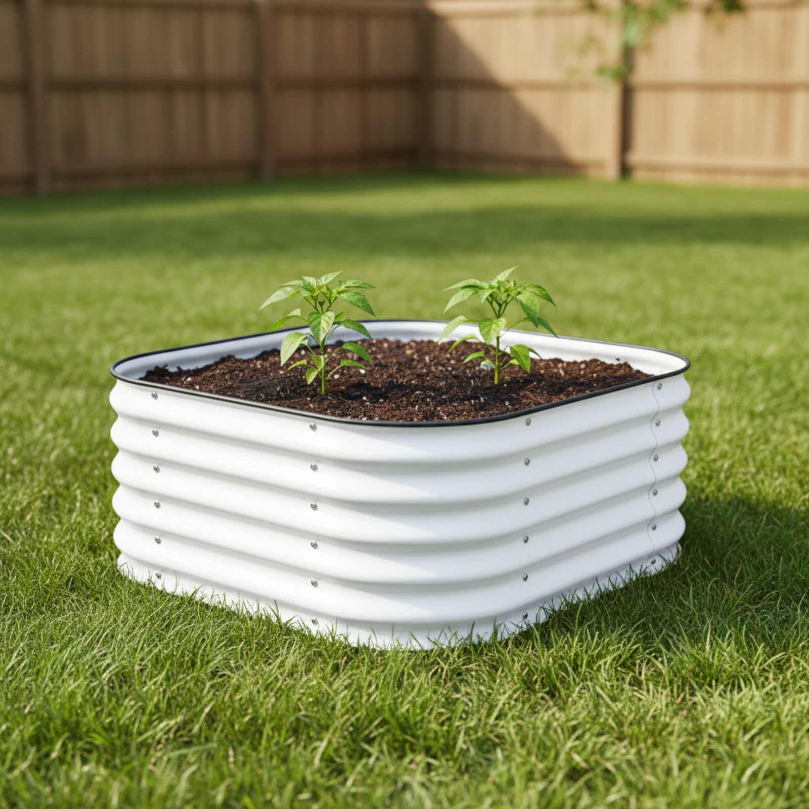 Image of the pearl white 4 in 1 small modular metal raised garden bed with two young pepper plants planted in the bed sitting in a backyard. 