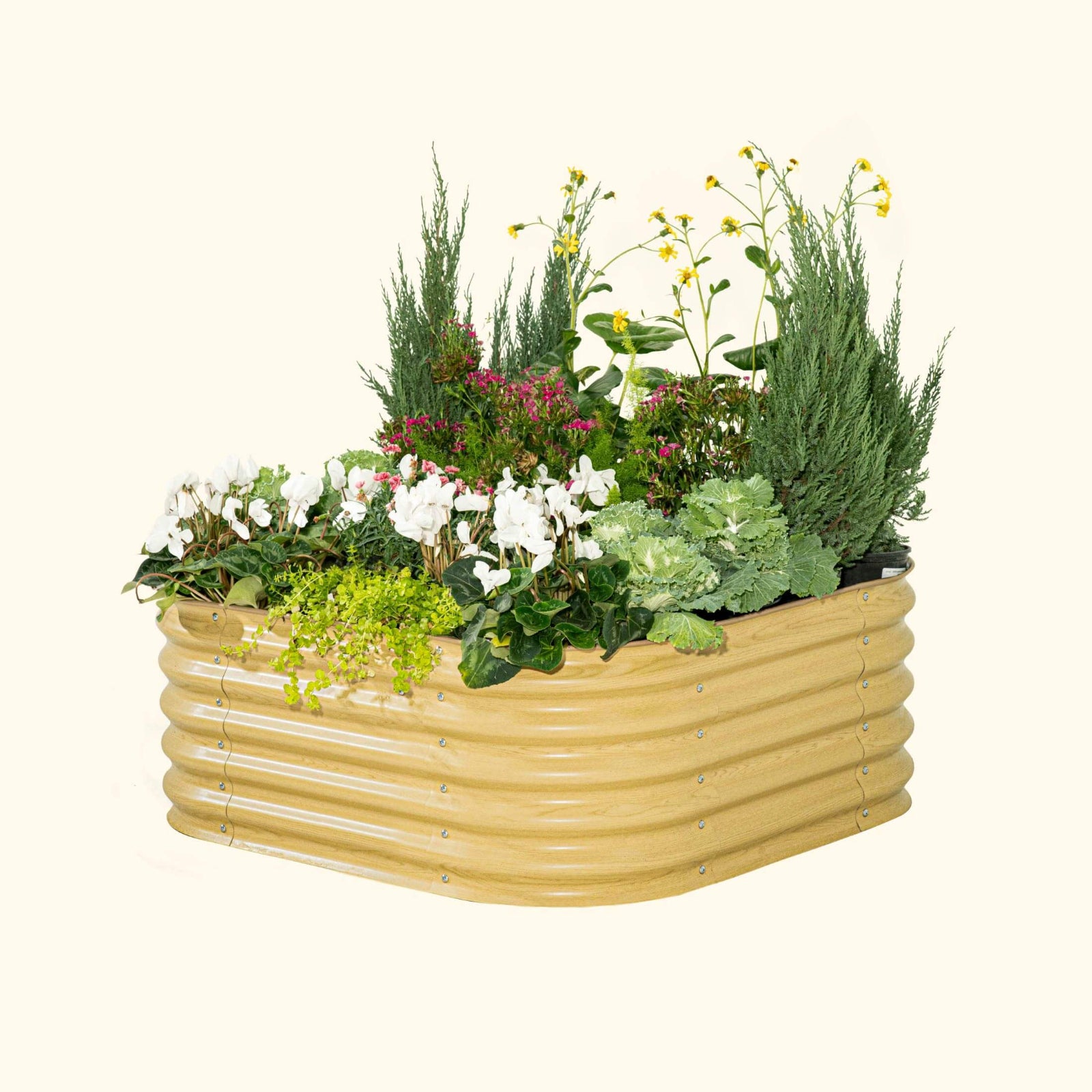 A sunlight oak 4 in 1 small modular metal raised garden bed with colorful flowers and plants on a white background.