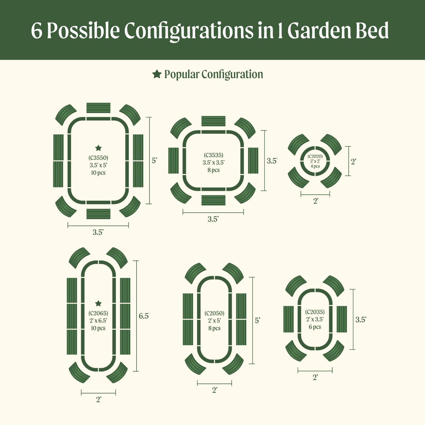 Diagram showing six possible configurations of the 6  in 1 Small Modular Metal Raised garden beds with dimensions and quantities of each item.