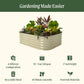 6 in 1 Medium Modular Metal Raised Garden bed with text highlighting features including: 6 different configurations, 20 plus year life span, 17 inch height, recyclable metal, 40 minute assembly, and   food safe materials. 