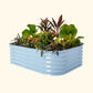 A sky blue 6 in 1 small modular metal raised garden bed with colorful flowers and plants on a white background.