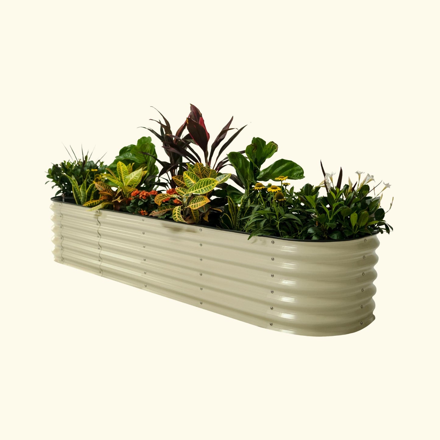 A pearl white 17 inch tall 9 in 1 modular metal Garden Bed with colorful flowers and plants on a white background.