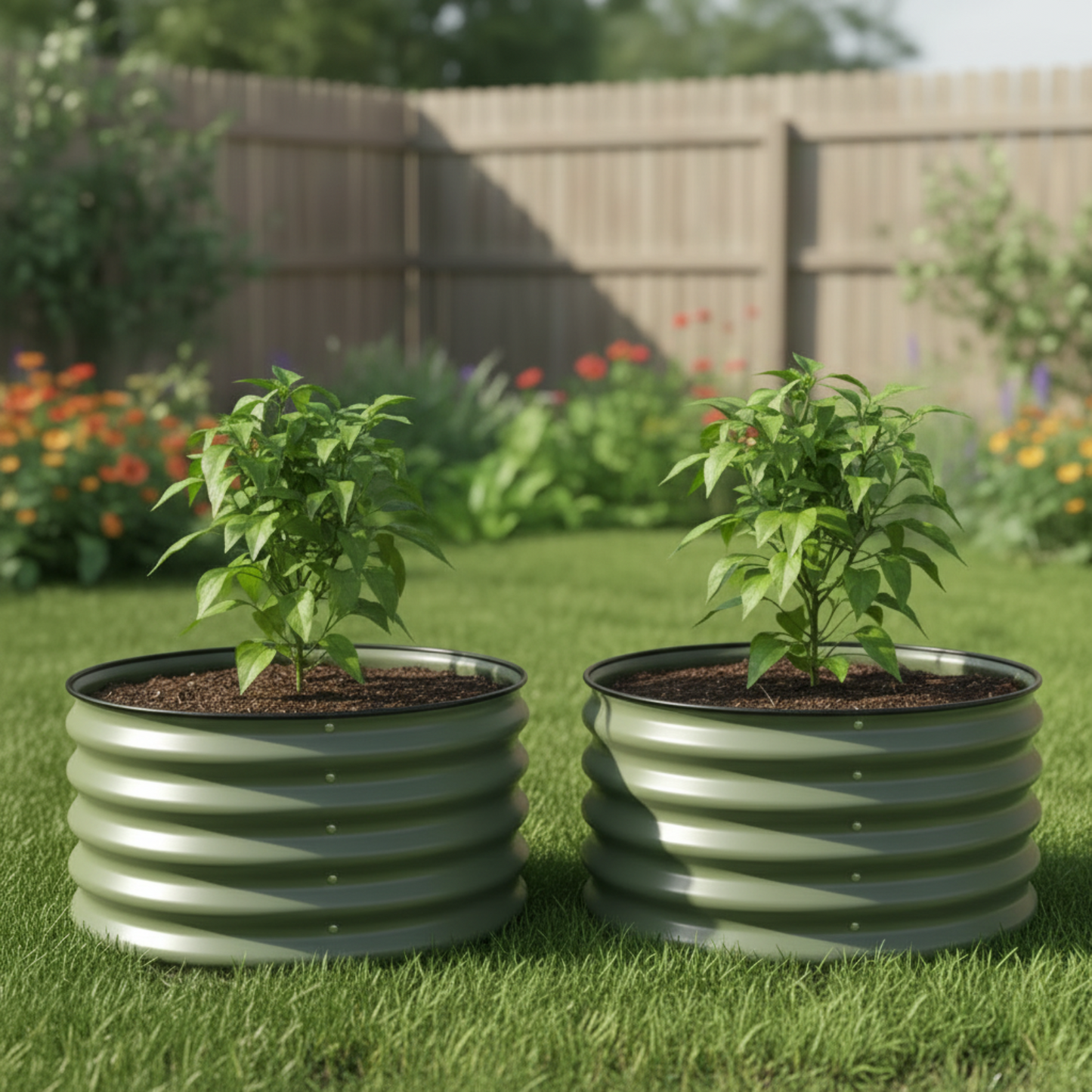 Image of two of the berry garden planters in a fenced in backyard with young pepper plants growing in them. 