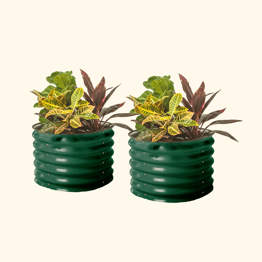 Two british green 17 inch tall garden bed that is 24 inches wide with colorful plants on a white background.