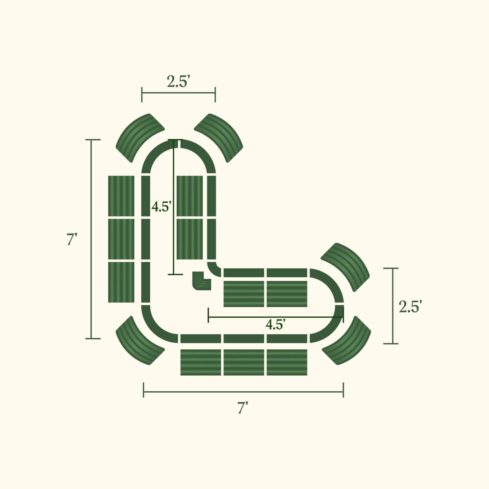 Image showing the various configuration possibilities for the large 17 inch tall modern L-shaped metal raised garden bed. 