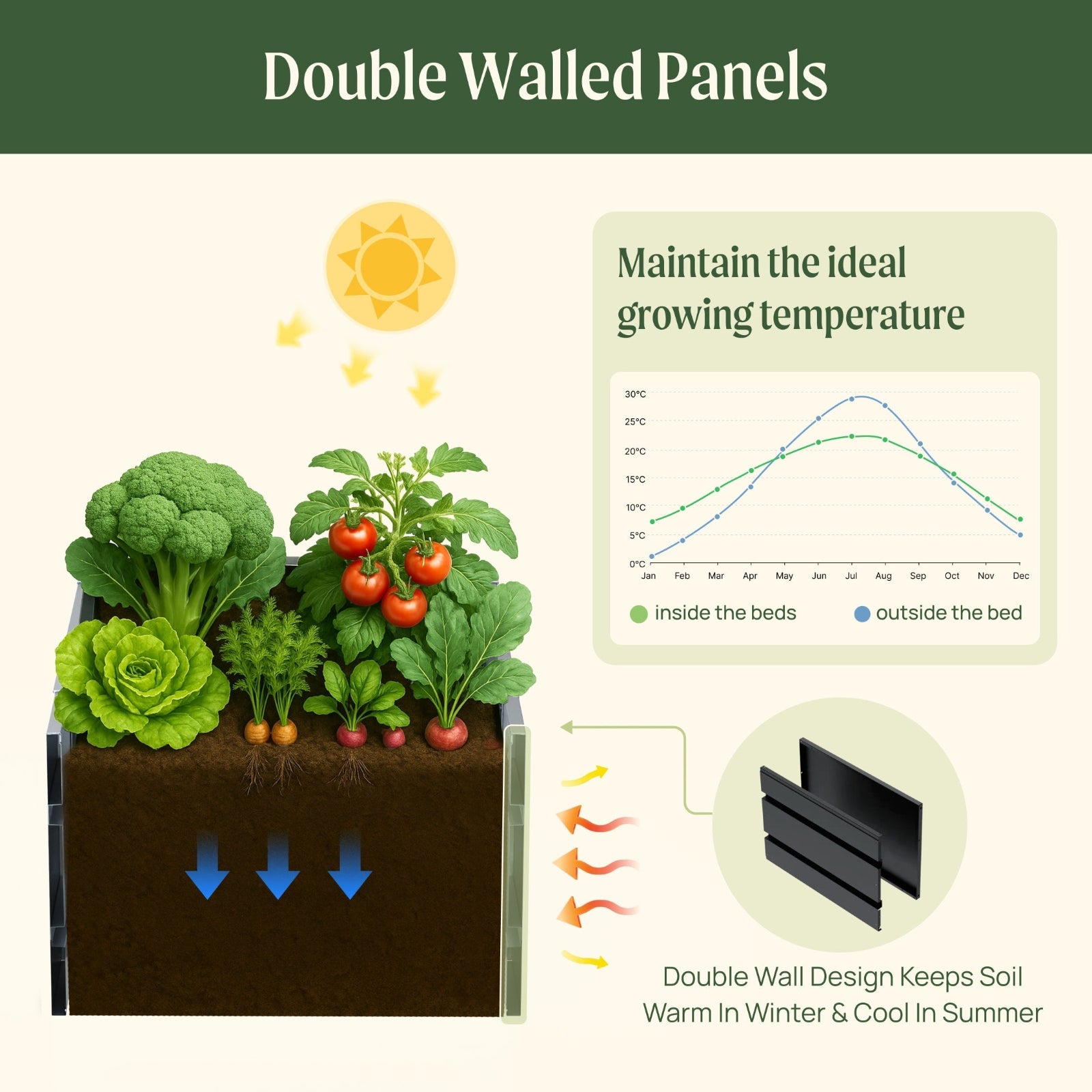 Garden bed with plants and temperature graph showing benefits of double walled panels including the double wall design keeping the soil warm in the winter and cool in the summer, a feature of the L-shaped model of garden beds.