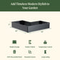 Black metal L-shaped garden planter with dimensions of 83 inches wide by 83inches long by 17 inches tall and included features: modern design, double-walled, temperature control, 100% recyclable metal, rounded corners, and long lasting.