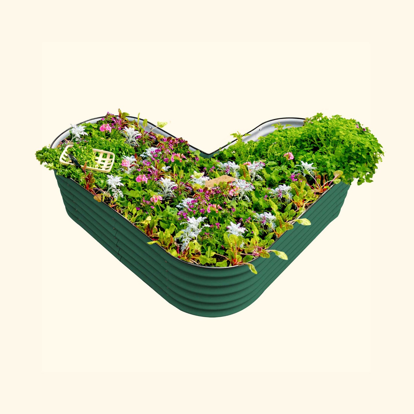 British Green tall modern raised garden bed with colorful flowers and plants on a white background.