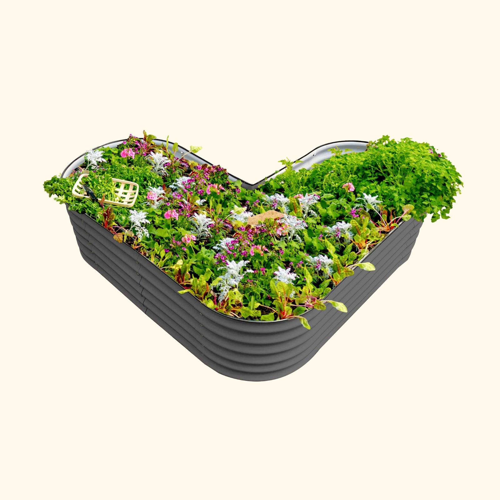 Modern Gray tall modern raised garden bed with colorful flowers and plants on a white background.