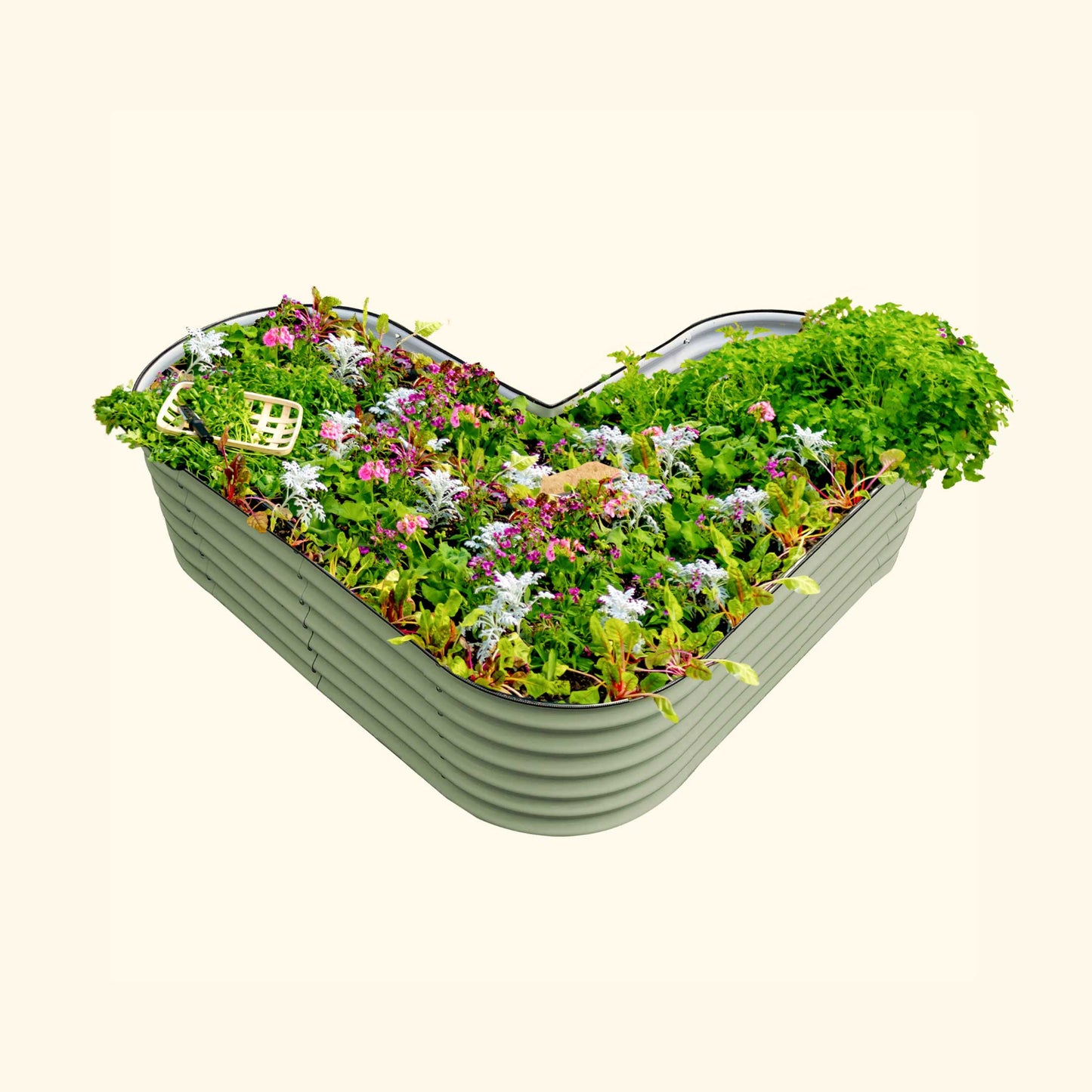 Olive Green tall modern L-shaped raised garden bed with colorful flowers and plants on a white background.
