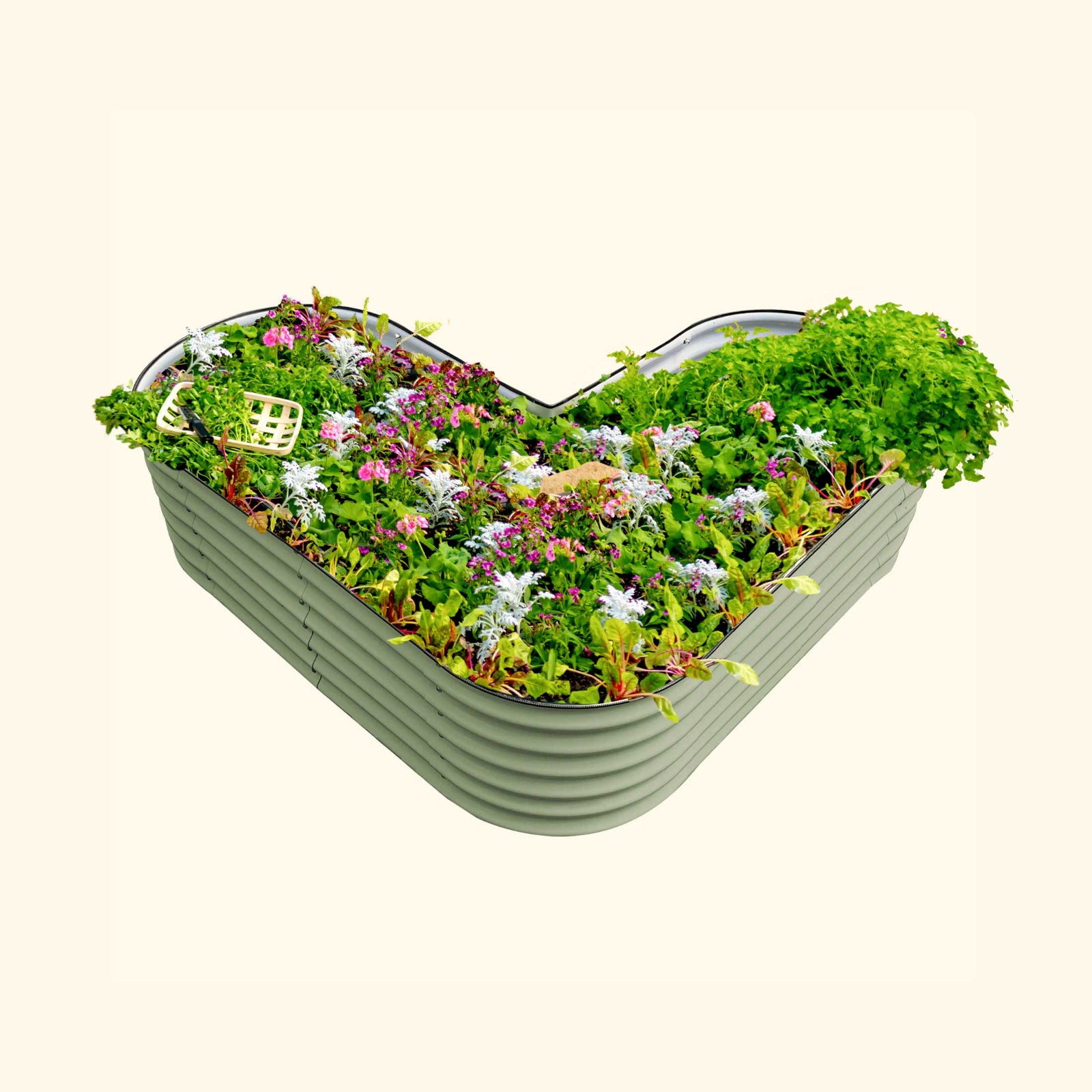 Olive Green tall modern L-shaped raised garden bed with colorful flowers and plants on a white background.