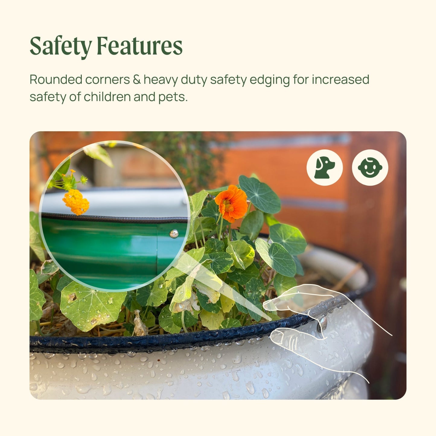 Image showing the top edge of the garden bed with text outlining safety features including: rounded corners and heavy duty safety edging for increased safety of children and pets.