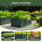 Black rectangular planters filled with plants in a backyard with the following design elements noted: sleek design, rounded corners, and no visible screws. 