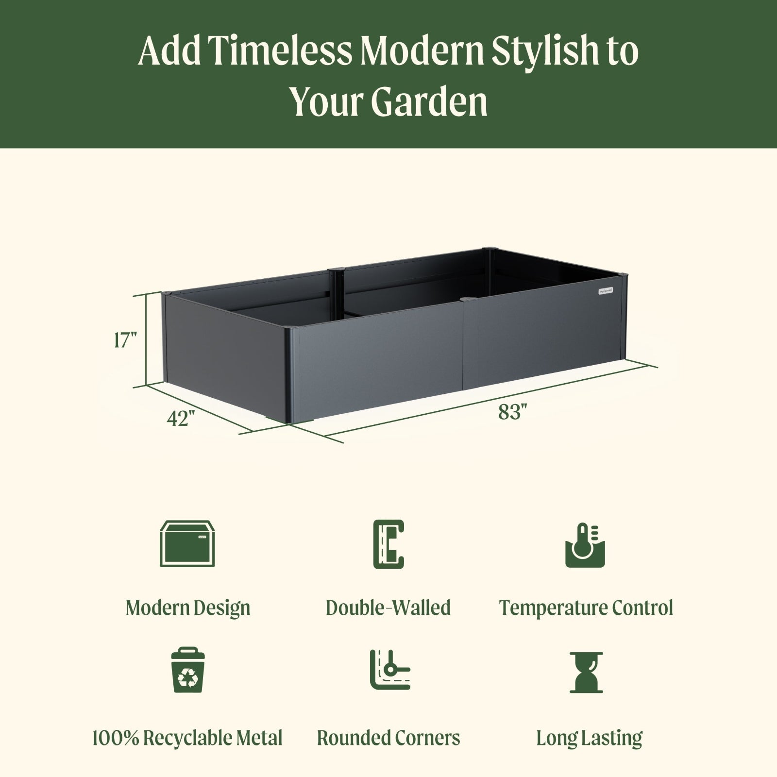 Black metal garden planter with dimensions of 42 inches wide by 83inches long by 17 inches tall and included features: modern design, double-walled, temperature control, 100% recyclable metal, rounded corners, and long lasting.