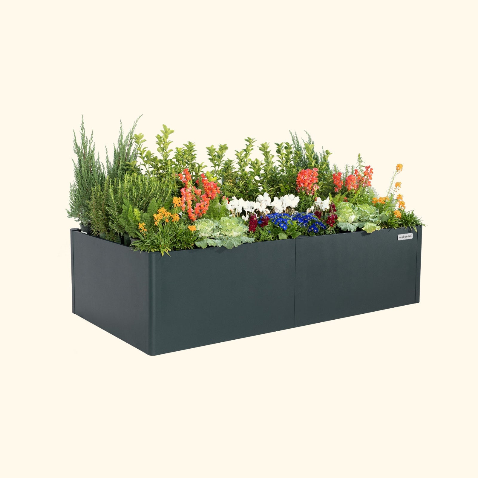 Midnight Blue tall  42 inch by 83 inch modern raised garden bed with colorful flowers and plants on a white background.