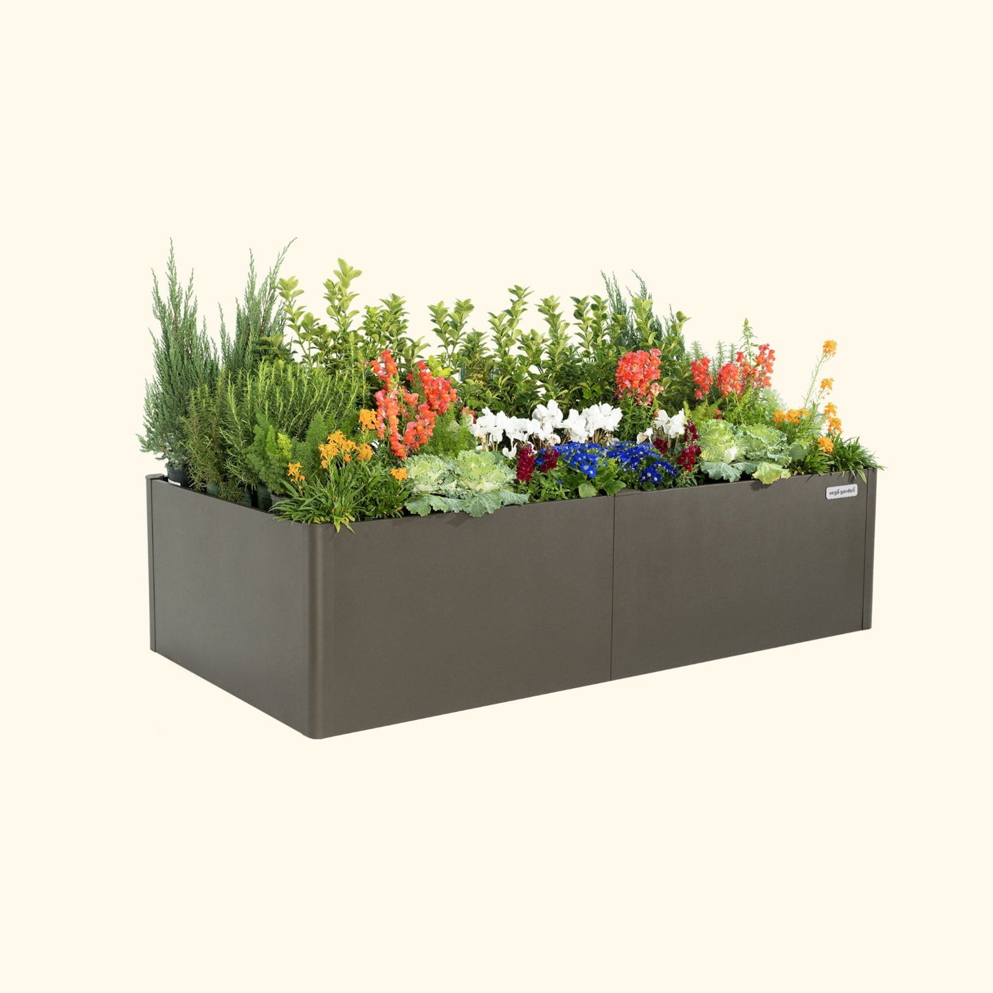 Urban Charcoal tall  42 inch by 83 inch modern raised garden bed with colorful flowers and plants on a white background.