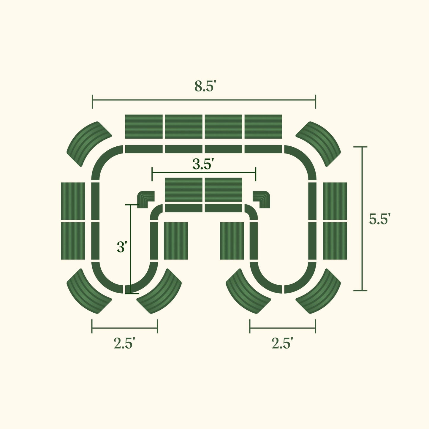 Image showing the various configuration possibilities for the 17 inch tall modern U-shaped metal raised garden bed. 