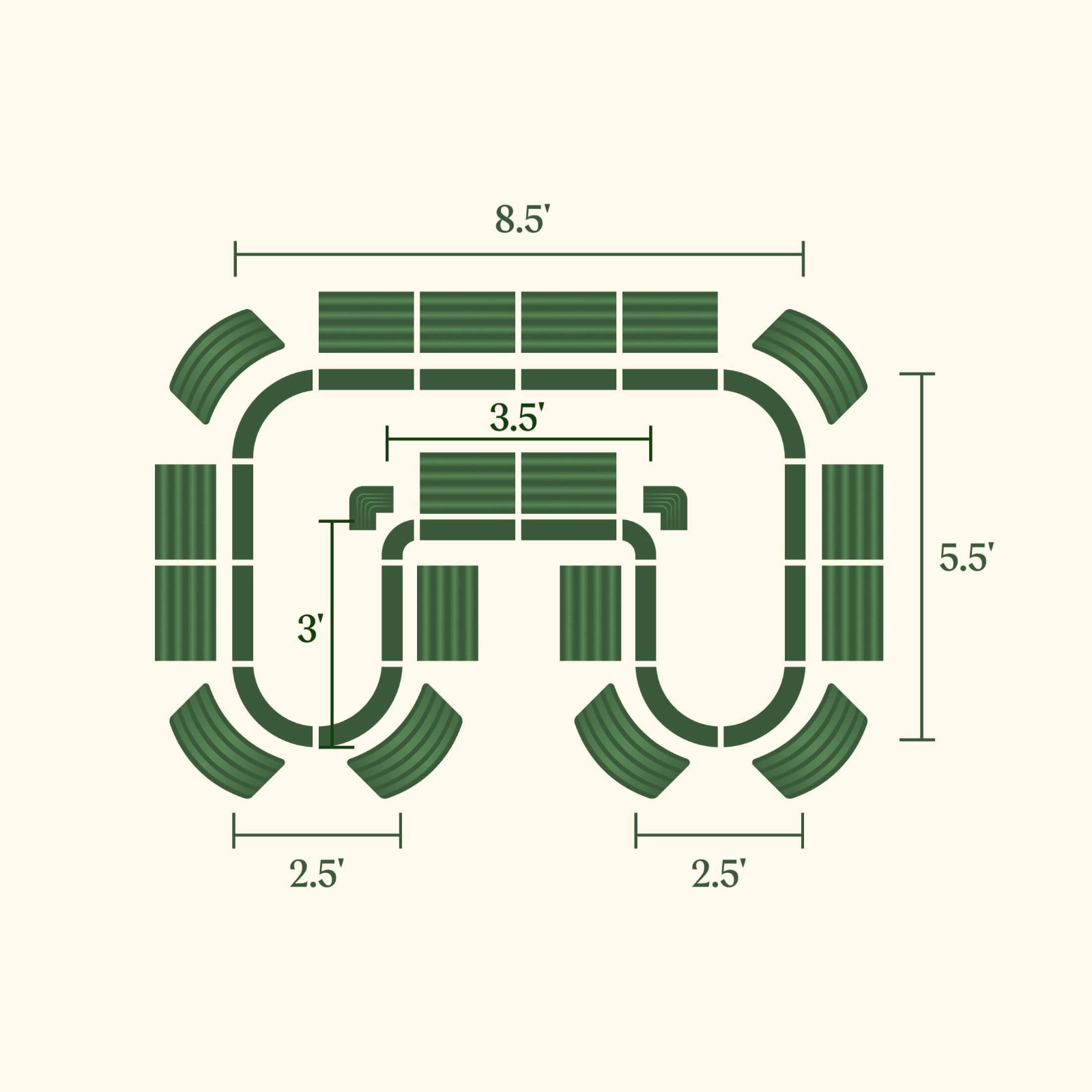 Image showing the various configuration possibilities for the 17 inch tall modern U-shaped metal raised garden bed. 