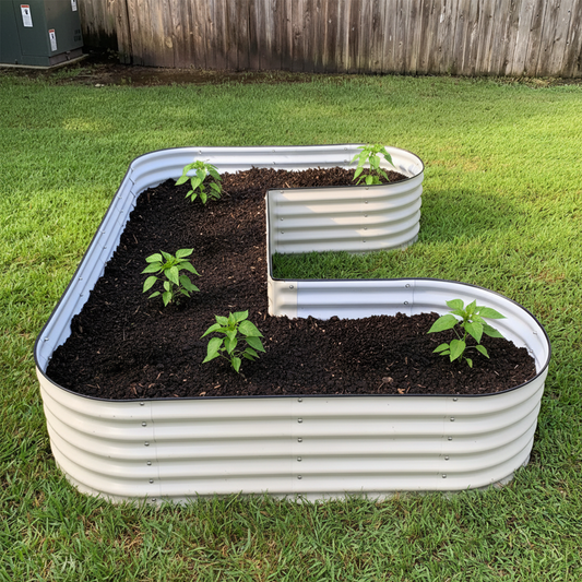 Image of the pearl white U-shaped metal raised garden bed with soil and five young pepper plants growing in a backyard. 