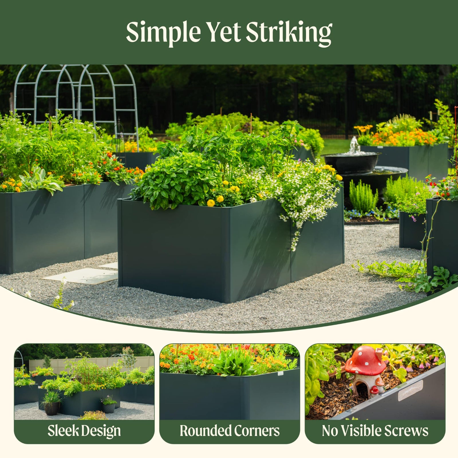 Black rectangular planters filled with plants in a backyard with the following design elements noted: sleek design, rounded corners, and no visible screws. 