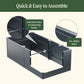 Modern raised garden bed product assembly diagram with text indicating quick and easy assembly, innovative poles, and pre-drilled holes.