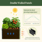 Garden bed with vegetables and temperature graph showing benefits of double walled panels including the double wall design keeping the soil warm in the winter and cool in the summer. 